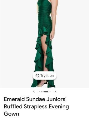 Emerald Sundae Strapless Emerald Ruffled High-Slit Gown